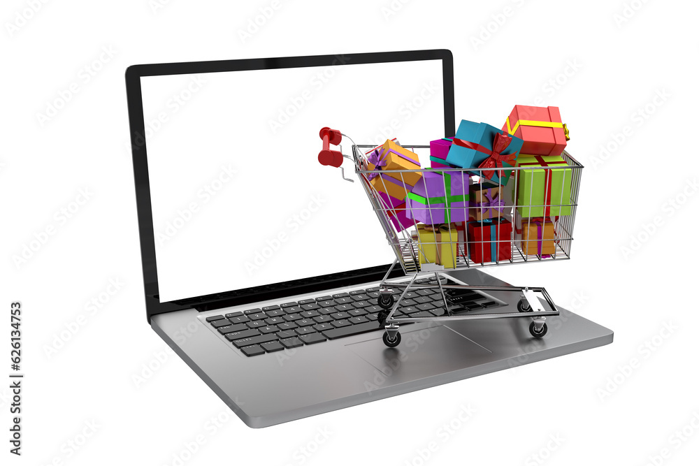 Digital png illustration of laptop and shopping cart with presents on transparent background