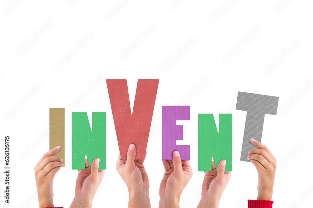 Digital png photo of hands holding invent text on transparent background Digital png photo of hands holding invent text on transparent background
