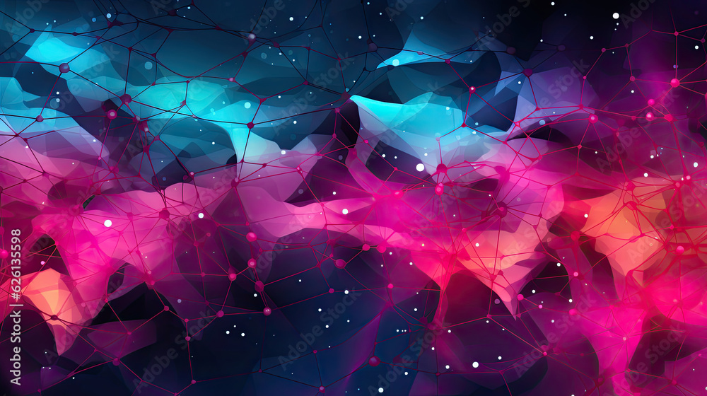 State-of-the-art abstract background with machine learning theme in metallic white, electric turquoise, and neon pink.