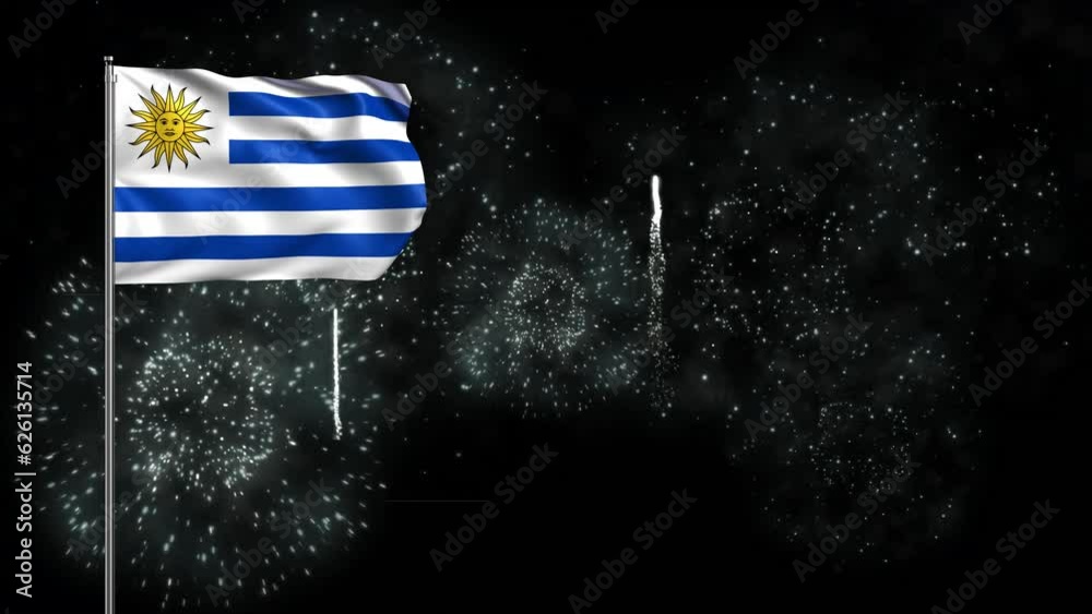 Uruguay Flag Background with flagpole and fireworks. Uruguay Flag Waving animation, great for Uruguay National Day, Independence Day, New Year and more Uruguay event. Loop waving flag