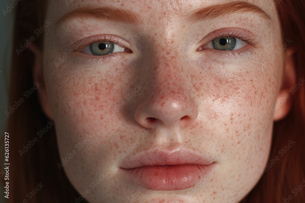 a close up of a woman with freckles,rosacea couperose redness skin.Generative Ai a close up of a woman with freckles,rosacea couperose redness skin.Generative Ai