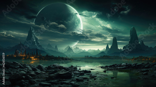 Background image presenting an alien planet landscape in the style of sci-fi art, colored in shades of alien green and space black, featuring extraterrestrial forms and elements of space exploration, 