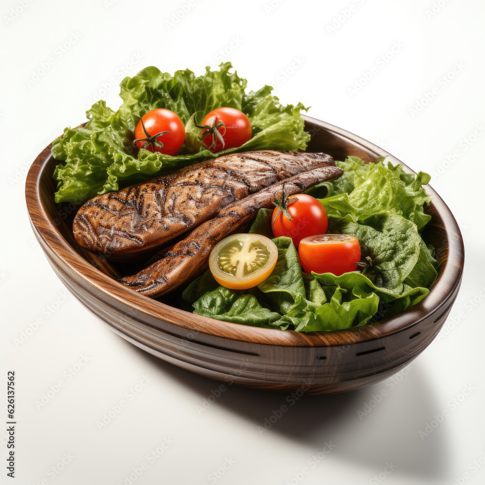 A wooden salad serving set, the natural wood grain highlighted on a white surface. A wooden salad serving set, the natural wood grain highlighted on a white surface.