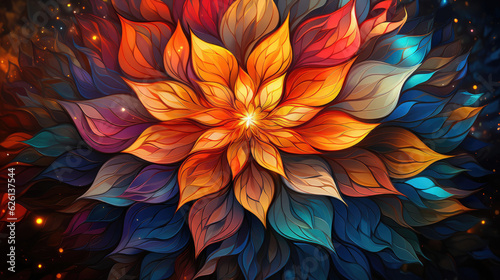 Background image revealing a hypnotic mandala, influenced by psychedelic art, featuring a color burst of vibrant rainbow hues with fractal patterns and optical illusions, all digitally spun.