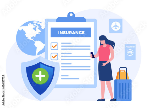 Travel insurance concept, protection, safe, business trip, traveler, vacation, airplane accident, policy flat vector banner for landing page website