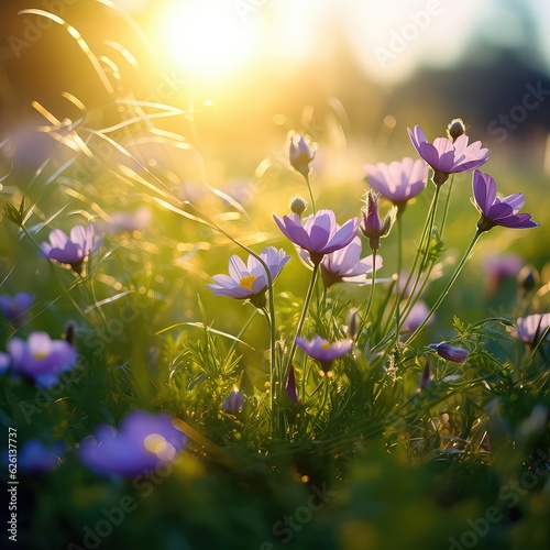 Wildflowers of clover in a meadow nature. Natural summer background with wildflowers of clover in the meadow in the morning sun rays close-up with soft blurred focus.