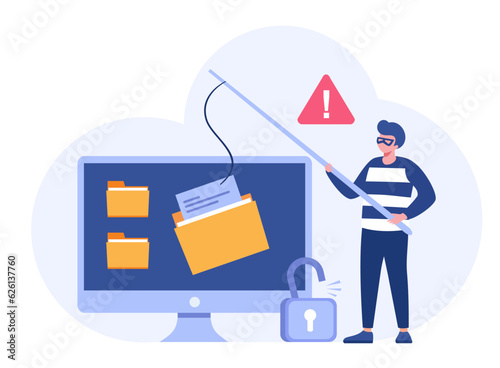 Hacking, phishing, scam and error, protection, cyber crime, internet security, system technology, flat design illustration vector banner and background