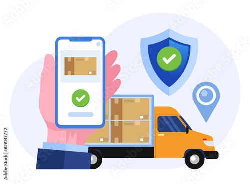 Delivery service concept, shipping, cargo van and courier, online delivery, express, online business flat vector illustration for landing page or website