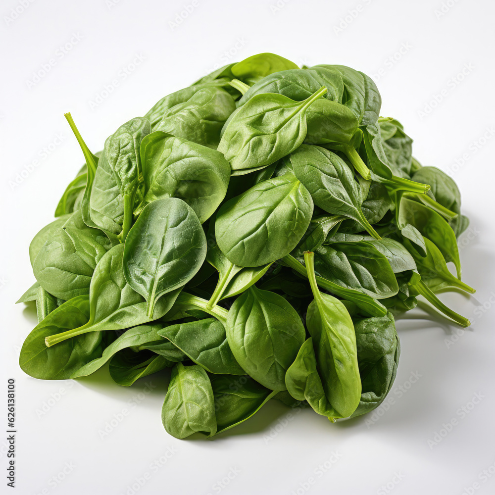 A bunch of fresh green spinach, its leaves vibrant and detailed, against a clean white backdrop. A bunch of fresh green spinach, its leaves vibrant and detailed, against a clean white backdrop.