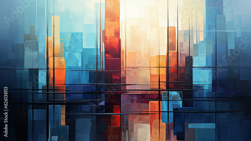 Architectural abstract artwork incorporating building-inspired shapes and forms. Precise lines and bold colors convey the strength and elegance of architectural design.