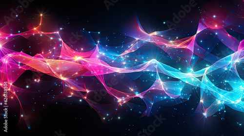 Networked abstract background with hyperconnected network theme in metallic white, electric turquoise, and neon pink.