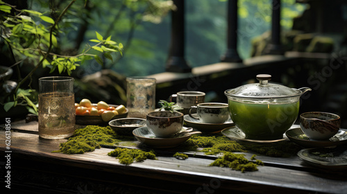 Background image portraying a tranquil tea garden in the style of Japanese anime, colored in shades of matcha green and bamboo brown, showing peaceful scenes and Zen aesthetics, digitally animated.