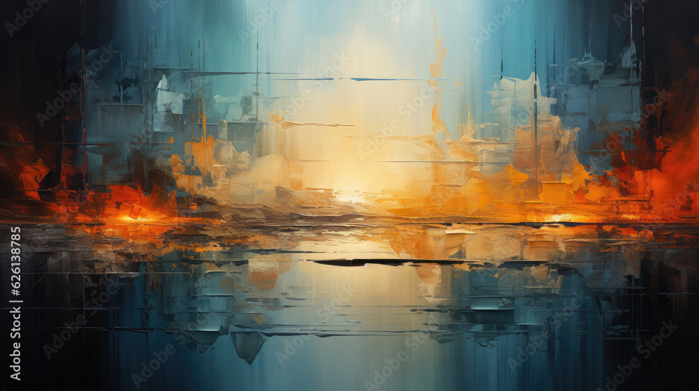 A colorful abstract background with dark aquamarine and orange tones, inspired by the style of rainbowcore. Incorporate rough-hewn surfaces and shaped canvas elements for texture and depth. Look to ar