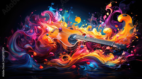 Create an abstract background inspired by the energy of music. Use vibrant and dynamic colors like fiery red, electric yellow, and deep purple. Incorporate elements such as soundwaves, musical notes, 