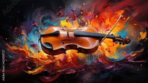 Create an abstract background inspired by the energy of music. Use vibrant and dynamic colors like fiery red, electric yellow, and deep purple. Incorporate elements such as soundwaves, musical notes, 