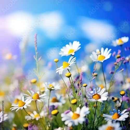 Beautiful meadow with blooming daisies against a blue sky with sun in natural park in summer sunshine.
