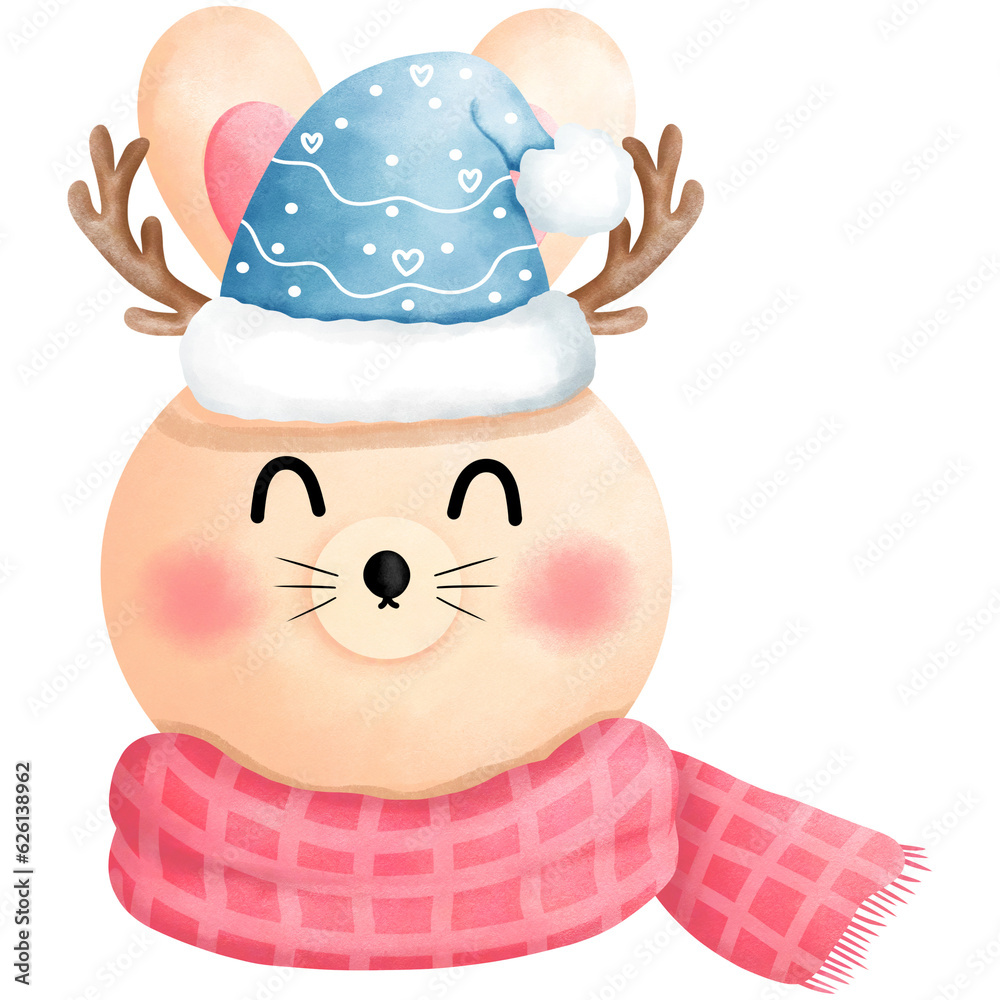 Watercolor christmas bunny head clipart with blue beanie hat and pink scarf.
