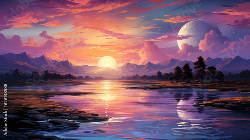 Background image of a serene lake at sunset rendered in the style of digital pastels  shaded in colors of twilight purple and sunset orange  capturing serene landscapes and tranquil scenes  digitally 