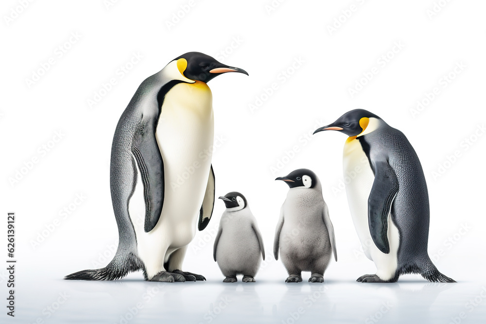 Fototapeta premium Image of family group of Emperor Penguins on white background. Wildlife Animals. Illustration, Generative AI.