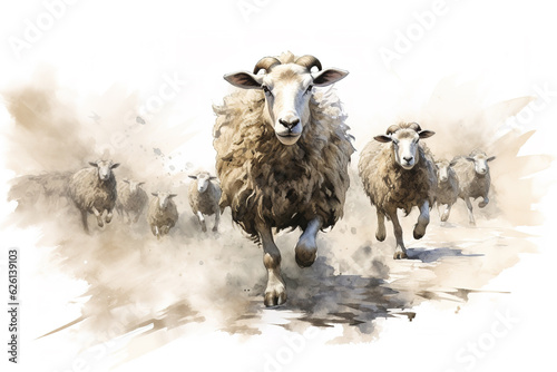 Image of a sheep is running toward you. Farm animals. Illustration, Generative AI.