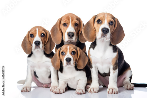 Image of family group of beagle dog on white background. Pet. Animals. Illustration, Generative AI.