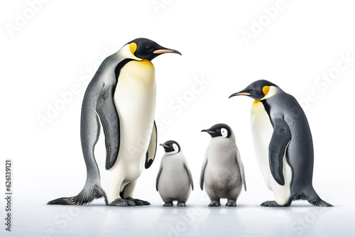 Image of family group of Emperor Penguins on white background. Wildlife Animals. Illustration, Generative AI.
