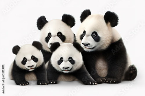 Image of family group of pandas on white background. Wildlife Animals. Illustration, Generative AI.