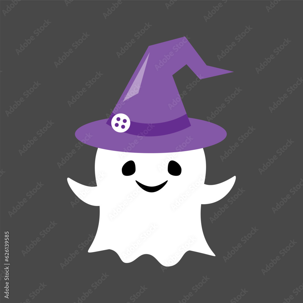 Cute white ghost wear witch hat . Halloween cartoon character . Flat design . Vector . Cute white ghost wear witch hat . Halloween cartoon character . Flat design . Vector .
