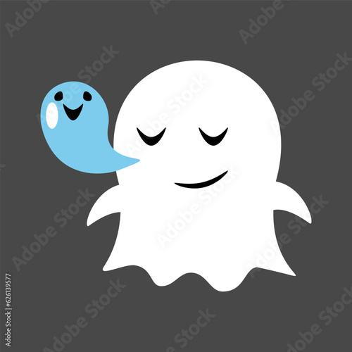 Cute white ghost is sleeping . Halloween cartoon character . Flat design . Vector .