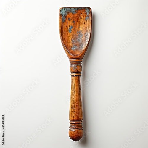 An antique wooden spatula with a beautifully aged patina, resting on a clean white surface.