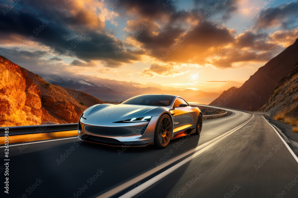 Fototapeta premium The realism of electric cars Futuristic sports cars on the highway Powerful acceleration of a super car on a night track with lights and trails. 3D illustrations. Realistic wide angle lens.