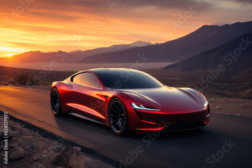 The realism of electric cars Futuristic sports cars on the highway Powerful acceleration of a super car on a night track with lights and trails. 3D illustrations. Realistic wide angle lens. © sirisakboakaew