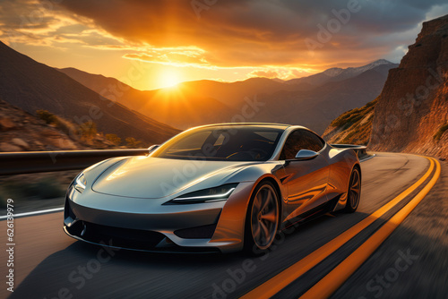 The realism of electric cars Futuristic sports cars on the highway Powerful acceleration of a super car on a night track with lights and trails. 3D illustrations. Realistic wide angle lens.