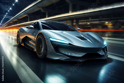 The realism of electric cars Futuristic sports cars on the highway Powerful acceleration of a super car on a night track with lights and trails. 3D illustrations. Realistic wide angle lens.