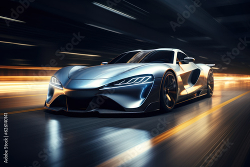 The realism of electric cars Futuristic sports cars on the highway Powerful acceleration of a super car on a night track with lights and trails. 3D illustrations. Realistic wide angle lens. © sirisakboakaew