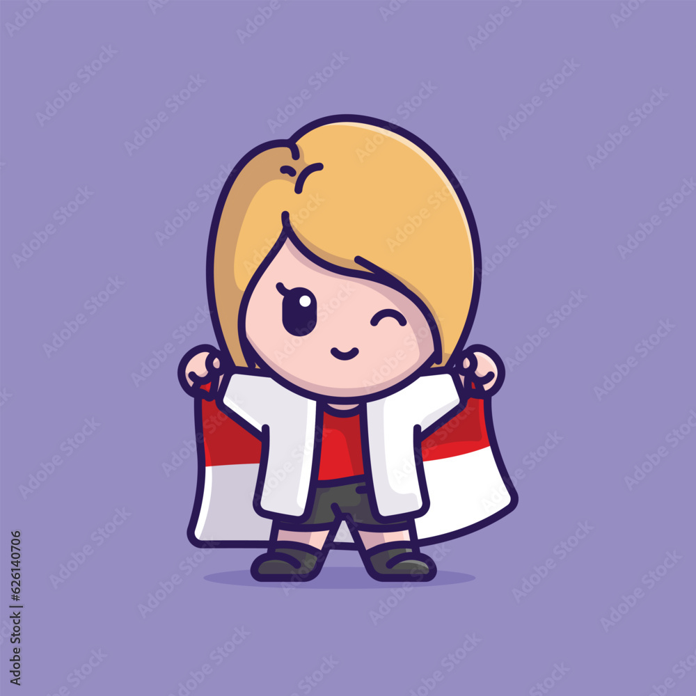 Cute girl with big indonesian flag cartoon vector illustration celebrate icon Cute girl with big indonesian flag cartoon vector illustration celebrate icon