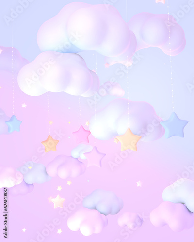 3d rendered cartoon pastel hanging stars sky.