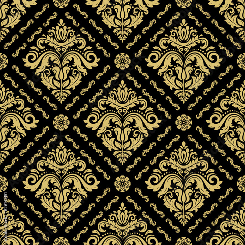 Classic seamless vector pattern. Damask orient black and golden ornament. Classic vintage background. Orient pattern for fabric, wallpapers and packaging