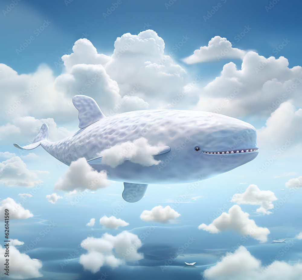 Whale in the sky. illustration with white clouds. created with generative AI technology Whale in the sky. illustration with white clouds. created with generative AI technology