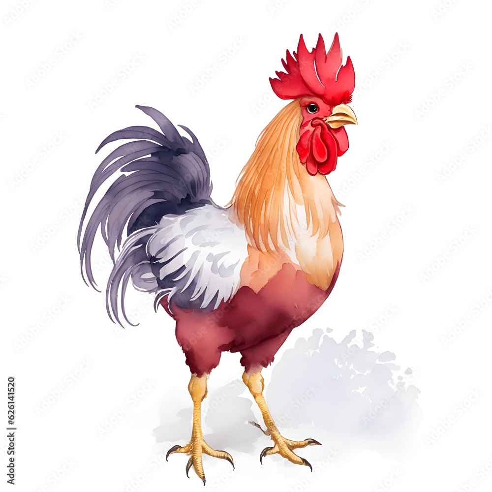 Fototapeta premium Farm rooster in Chibi style in watercolor style