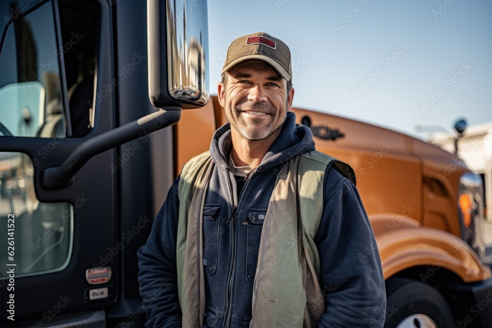 Happy confident male driver standing in front of his truck