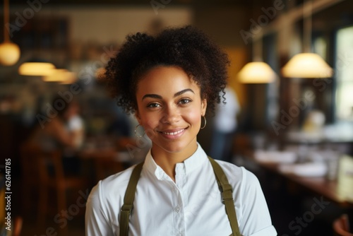 Happy african american woman with arms crossed while working as chef in restaurant and looking at camera