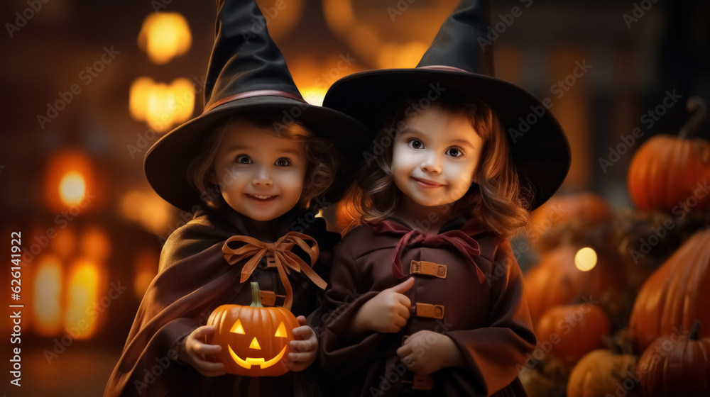 Halloween concept .Happy kid at halloween party night background. Generative ai. Halloween concept .Happy kid at halloween party night background. Generative ai.