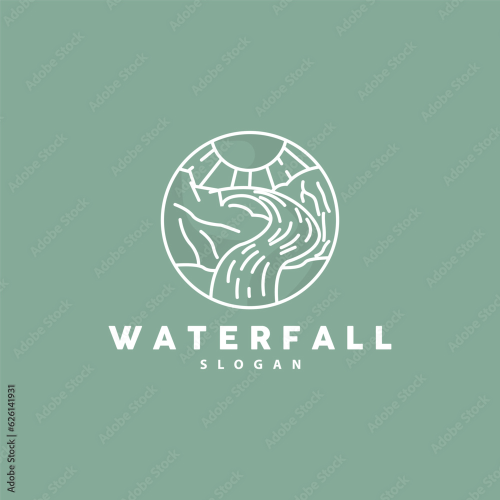 Waterfall Logo, River Mountain Forest Exploring Design Illustration Waterfall Logo, River Mountain Forest Exploring Design Illustration