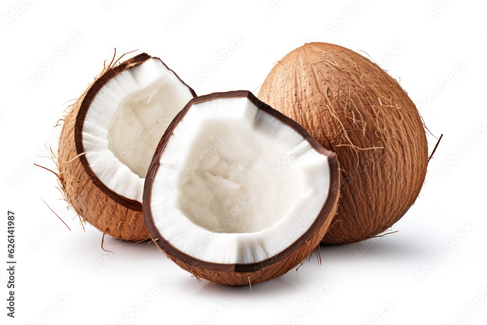 Broken ripe coconut isolated on white background. Broken ripe coconut isolated on white background.