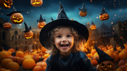 Halloween concept .Happy kid at halloween party night background. Generative ai.
