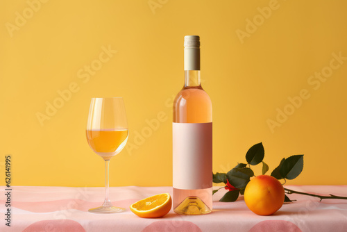 A bottle of fruit wine on a yellow background with sunbeams.