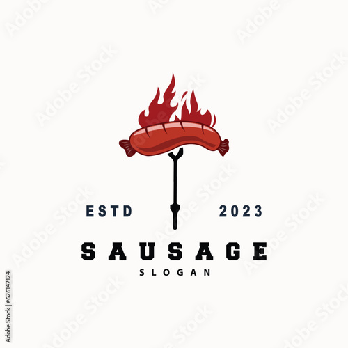 Sausage Logo, Vector Meat Fork and the Sausage Food, Restaurant Inspiration Design, Vintage Retro Rustic