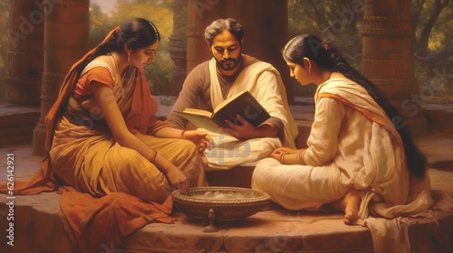 Fotografie, Obraz Ancient Hindu Scriptures A Photo Realistic Image of Devotees Reading from a Sacr