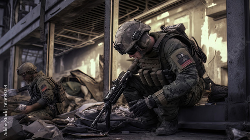 Urban Vehicle Takedown A Photo of Two Soldiers in a Destroyed Building AI Generated